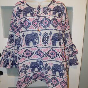 Alisha & Chloe White Elephant Ruffle Sleeve Blouse Size 1X Women's NEW